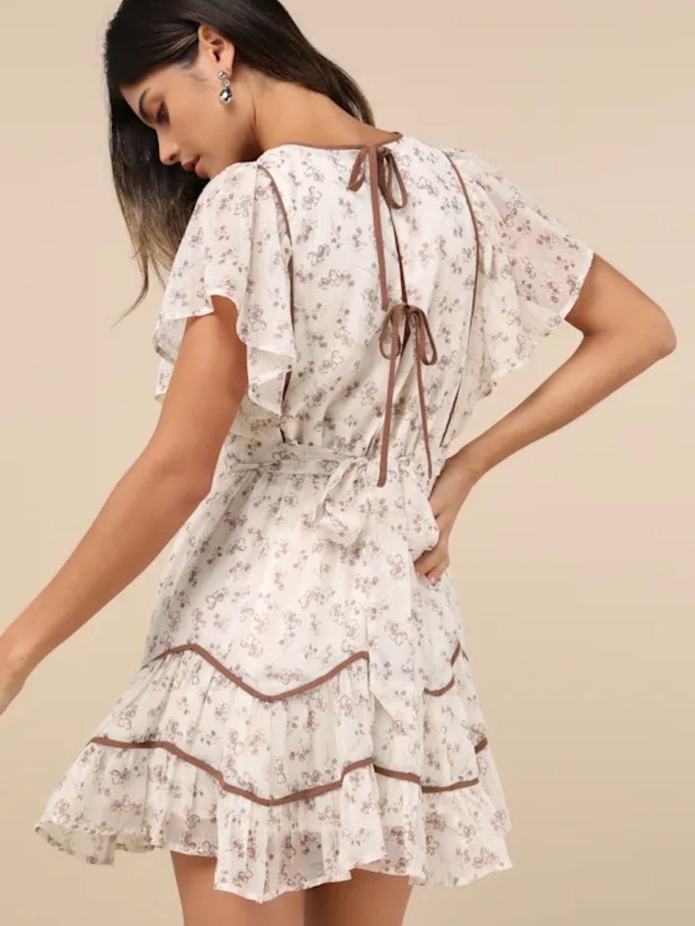Lulus Adored Outing ivory floral flutter sleeve mini dress - Cream